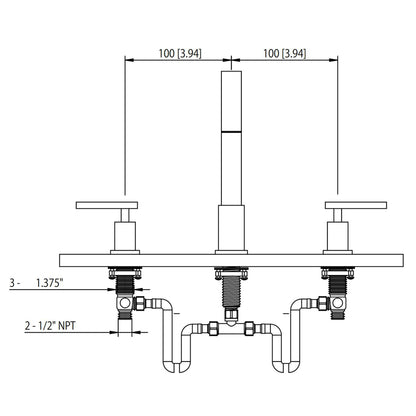 Flusso Faucets Serie 150 8" Three-Hole Chrome Solid Brass Deck-Mounted Roman Bathtub Faucet