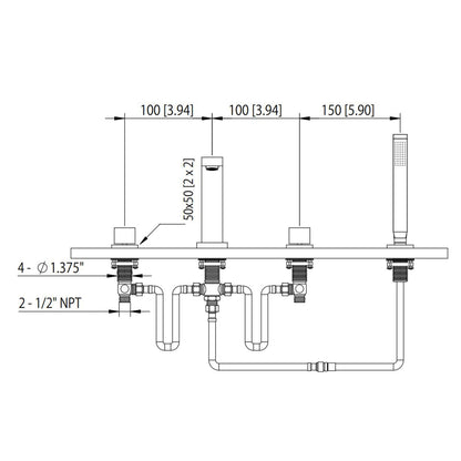Flusso Faucets Serie 160 14" Four-Hole Brushed Nickel PVD Solid Brass Deck-Mounted Roman Bathtub Faucet With Hand Shower