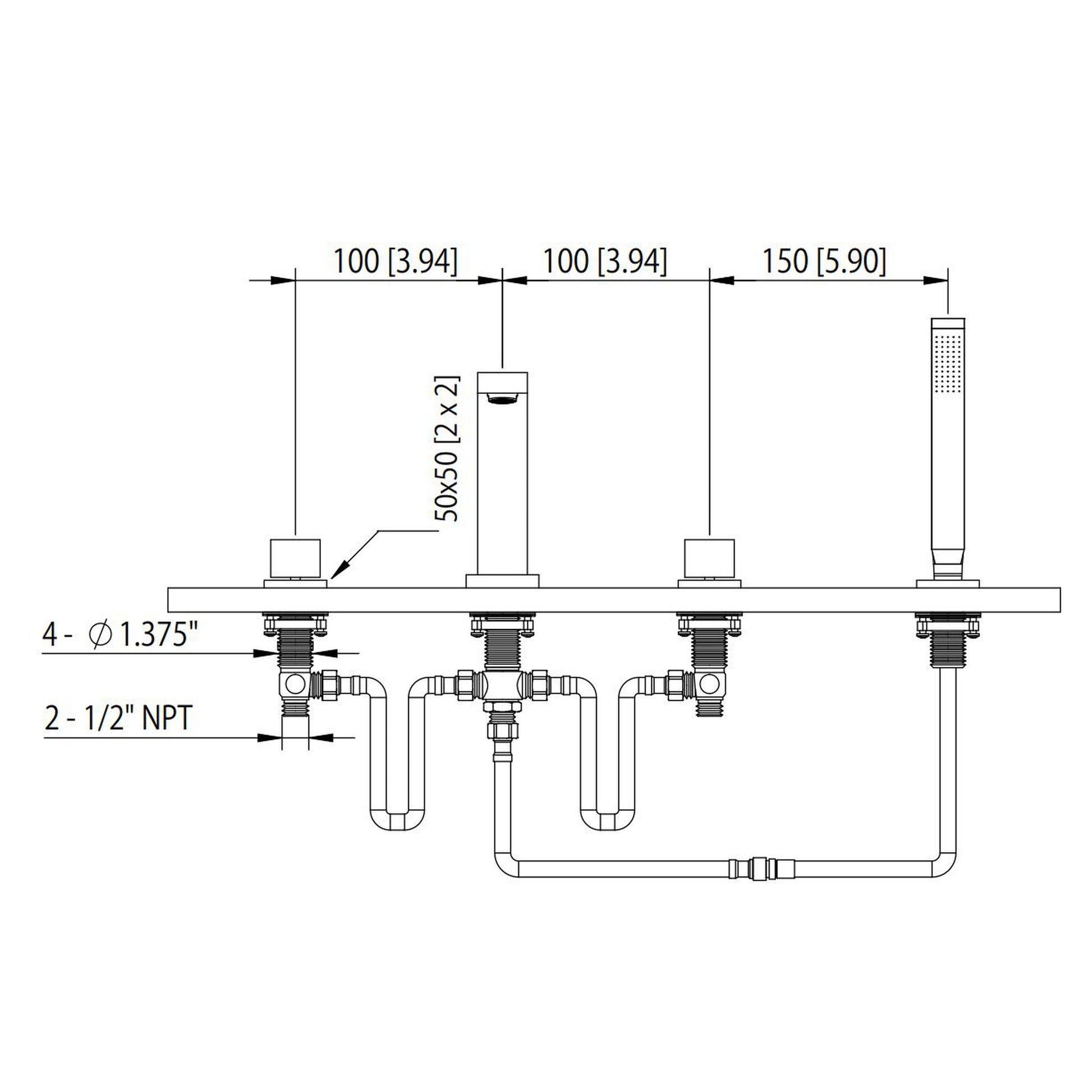 Flusso Faucets Serie 160 14" Four-Hole Chrome Solid Brass Deck-Mounted Roman Bathtub Faucet With Hand Shower