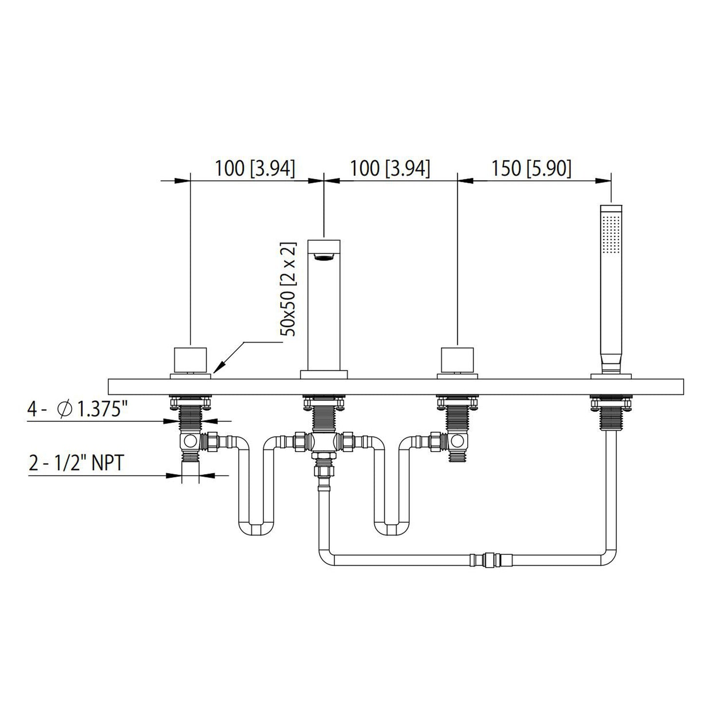 Flusso Faucets Serie 160 14" Four-Hole Polished Nickel PVD Solid Brass Deck-Mounted Roman Bathtub Faucet With Hand Shower