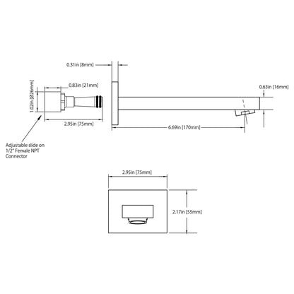 Flusso Faucets Serie 160 7" Single-Hole Matte Black Solid Brass Wall-Mounted Non-Diverting Bathtub Spout