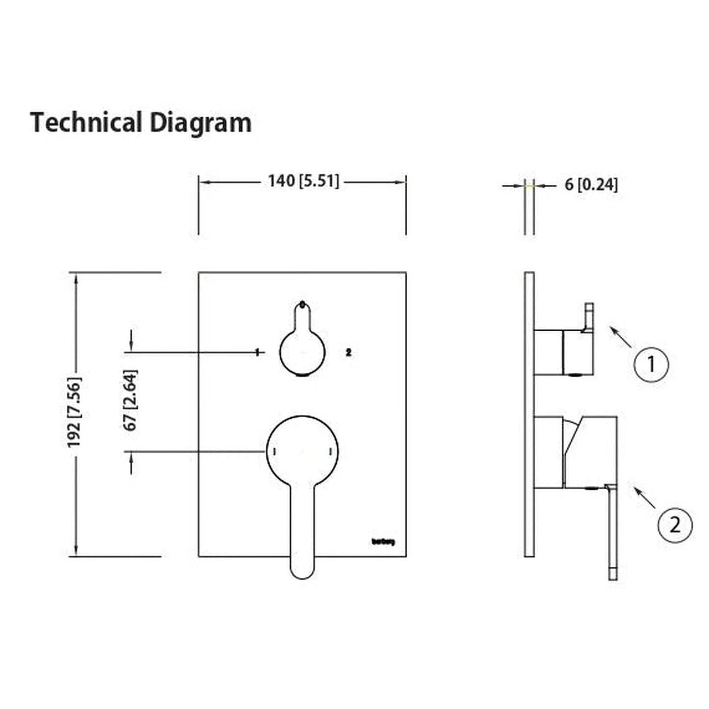 Flusso Faucets Serie 180 8" Brushed Nickel PVD Tub / Shower Trim Set With 2-Output Pressure Balance Valve and 2-Way Diverter