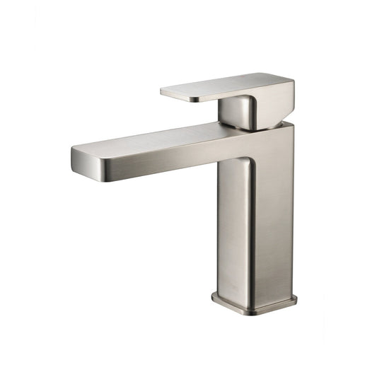 Flusso Faucets Serie 196 7" Single-Hole Brushed Nickel PVD Deck-Mounted Bathroom Sink Faucet With Pop-Up Drain and Adjustable Hot Limit Safety Stop