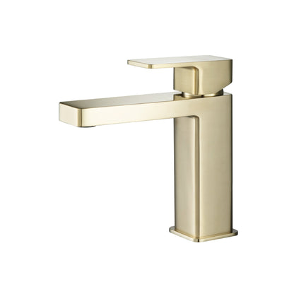 Flusso Faucets Serie 196 7" Single-Hole Satin Brass PVD Deck-Mounted Bathroom Sink Faucet With Pop-Up Drain and Adjustable Hot Limit Safety Stop