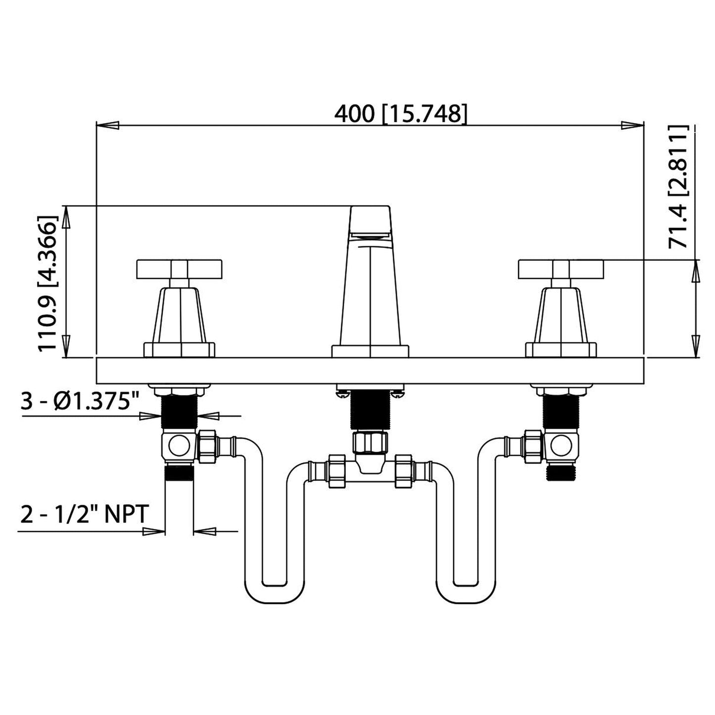 Flusso Faucets Serie 240 16" Three-Hole Polished Nickel PVD Solid Brass Deck-Mounted Widespread Bathroom Sink Faucet With Overflow Pop-Up Drain