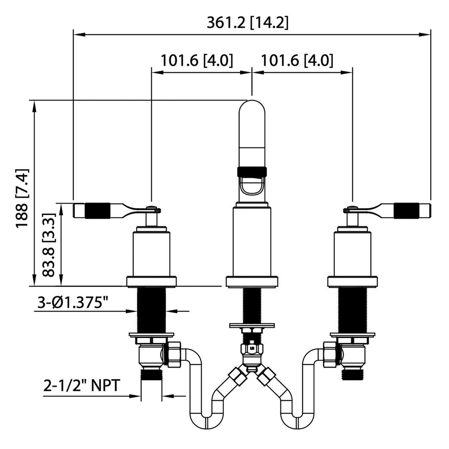 Flusso Faucets Serie 250 14" Three-Hole Chrome Solid Brass Deck-Mounted Widespread Bathroom Sink Faucet With Overflow Pop-Up Drain
