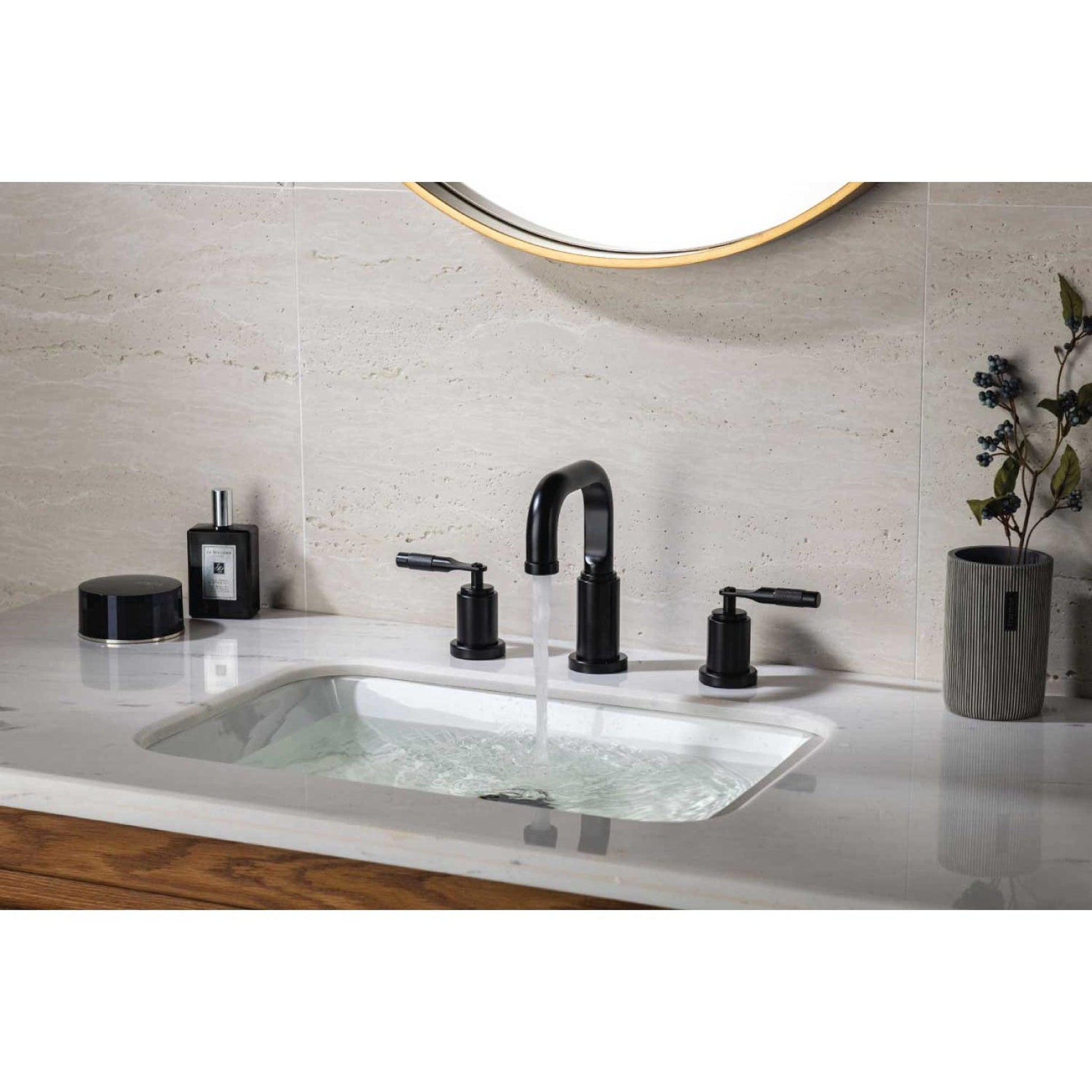 Flusso Faucets Serie 250 14" Three-Hole Matte Black Solid Brass Deck-Mounted Widespread Bathroom Sink Faucet With Overflow Pop-Up Drain