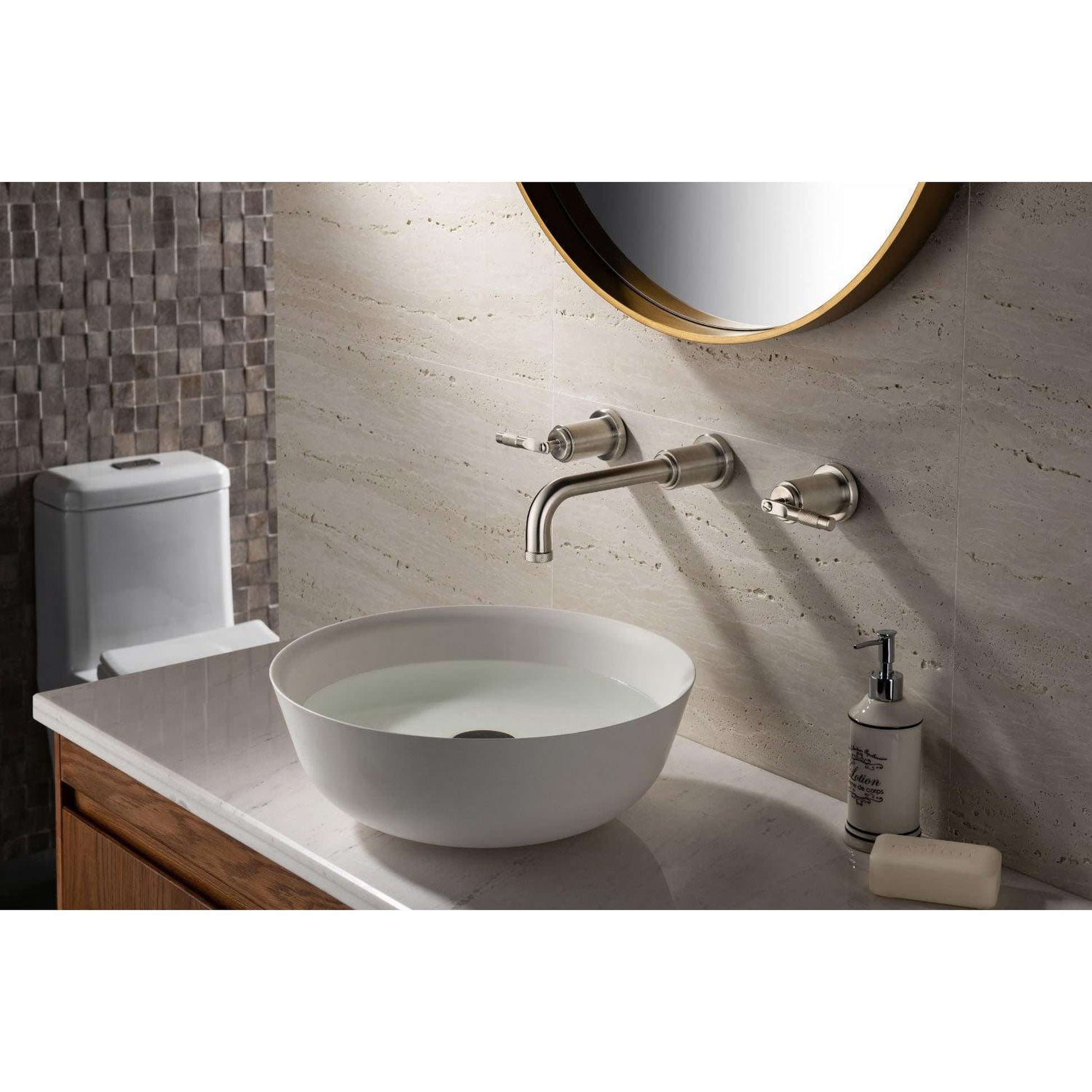 Flusso Faucets Serie 250 8" Three-Hole Brushed Nickel PVD Wall-Mounted Bathroom Sink Faucet With 0.50" Rough-In Valve