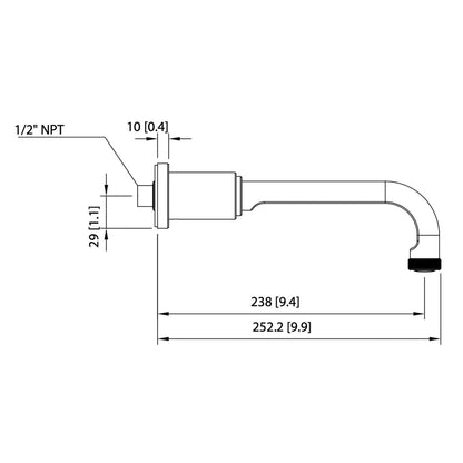 Flusso Faucets Serie 250 9" Single-Hole Chrome Solid Brass Wall-Mounted Non-Diverting Bathtub Spout