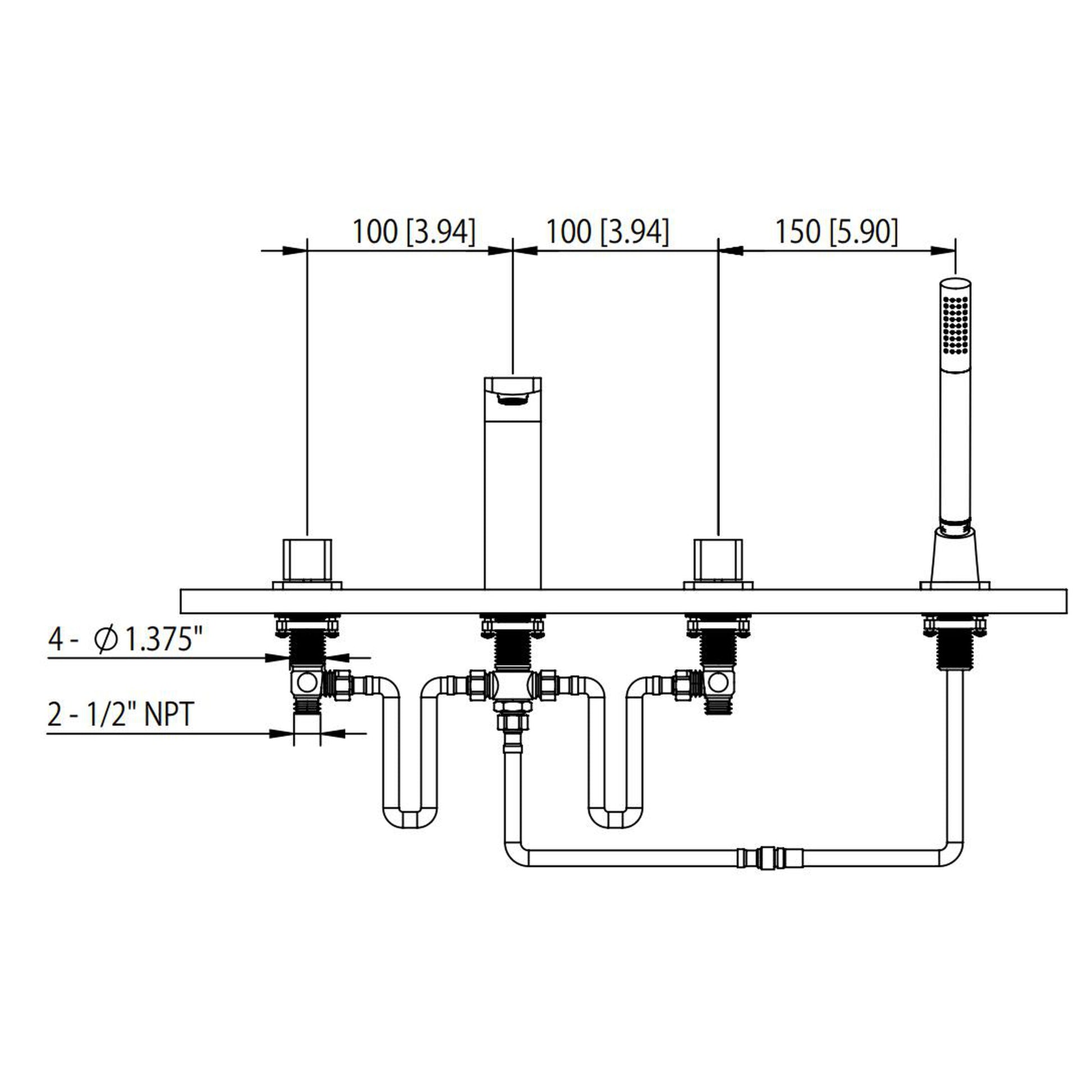 Flusso Faucets Serie 260 14" Four-Hole Brushed Nickel PVD Solid Brass Deck-Mounted Roman Bathtub Faucet With Hand Shower
