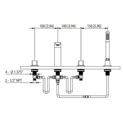 Flusso Faucets Serie 260 14" Four-Hole Chrome Solid Brass Deck-Mounted Roman Bathtub Faucet With Hand Shower