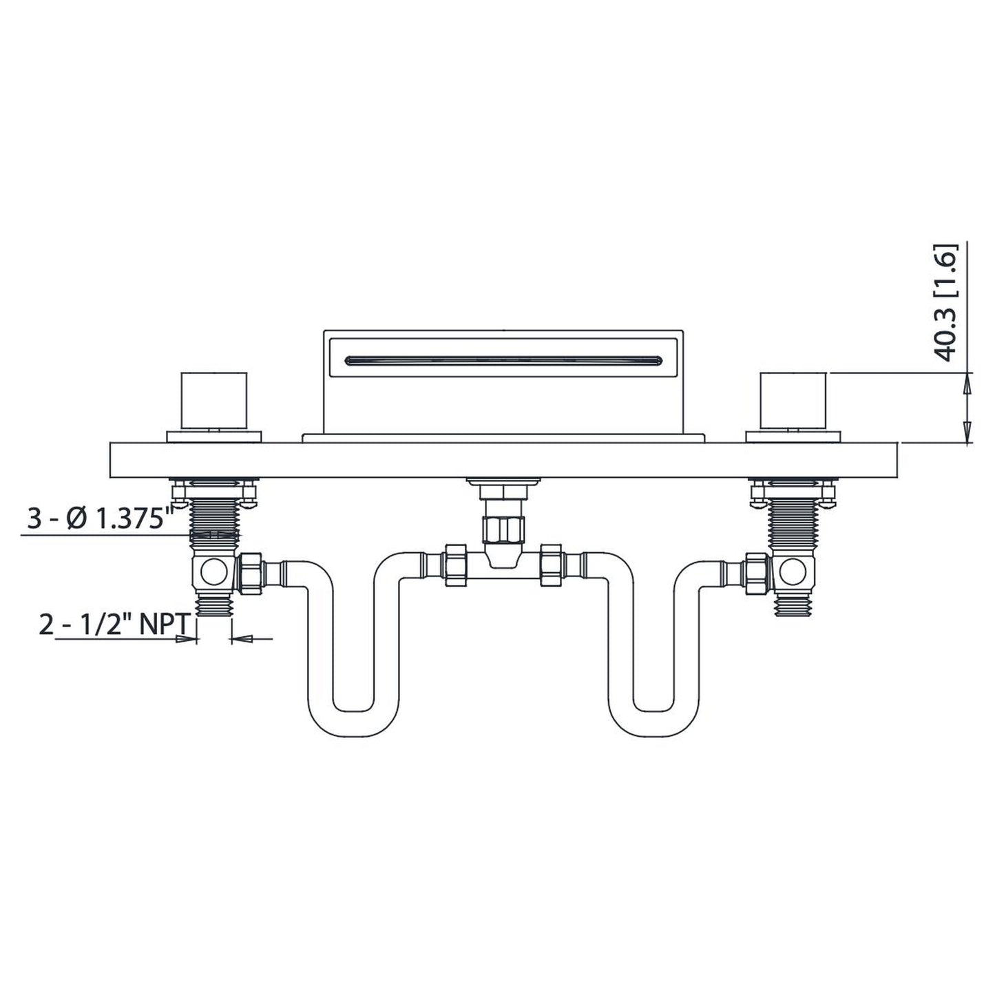 Flusso Faucets Serie 260 14" Three-Hole Brushed Nickel PVD Deck-Mounted Cascade / Sheet Flow Waterfall Roman Bathtub Faucet With Valve Set