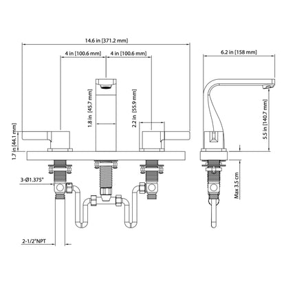 Flusso Faucets Serie 260 260.2001MB 8" Three-Hole Matte Black Solid Brass Deck-Mounted Widespread Bathroom Sink Faucet With Overflow Pop-Up Drain