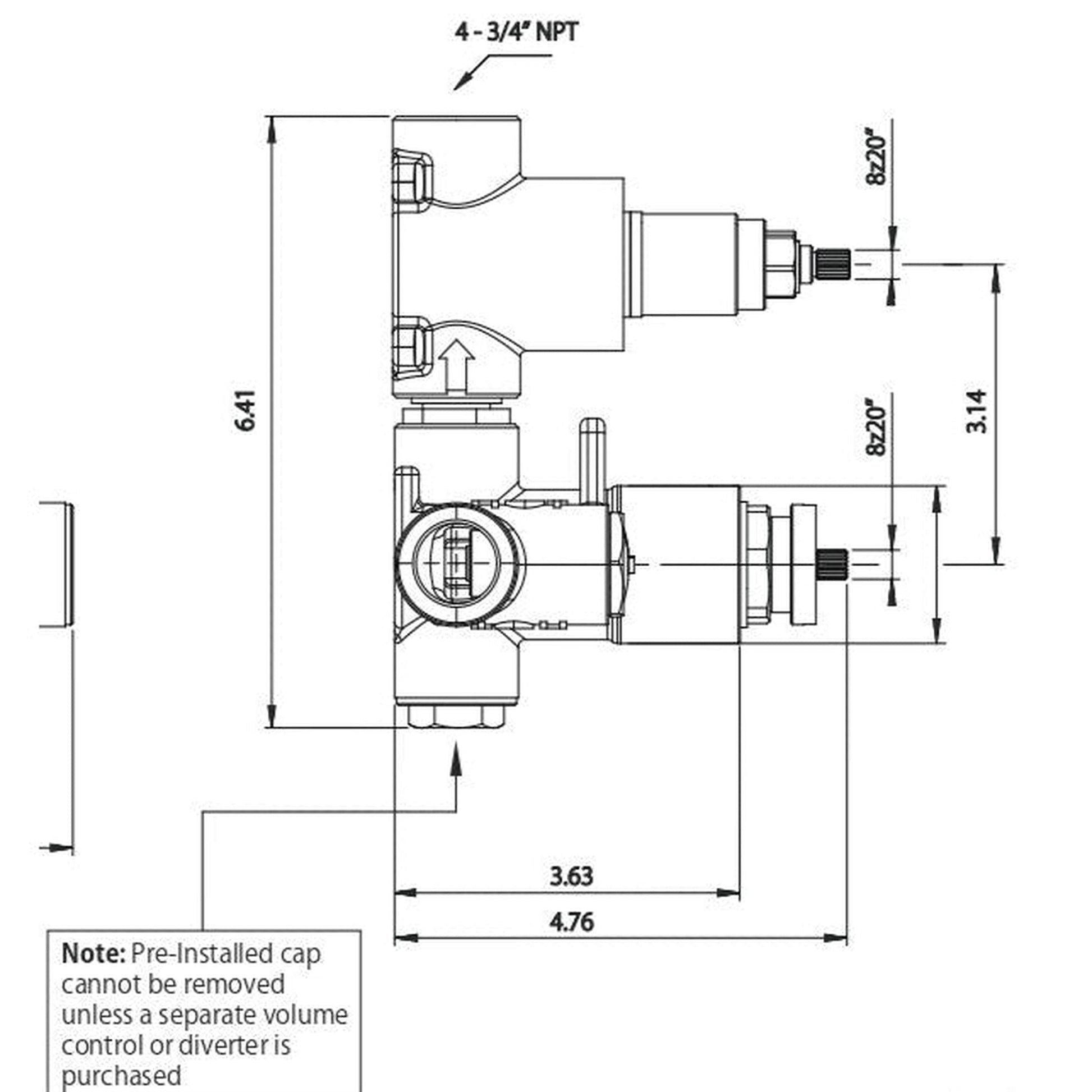Flusso Faucets Universal Fixtures 0.75" Rough Brass 2-Output Wall-Mounted Thermostatic Shower Valve With 2-Way Non-Shared Diverter Cartridge And Integrated Volume Control
