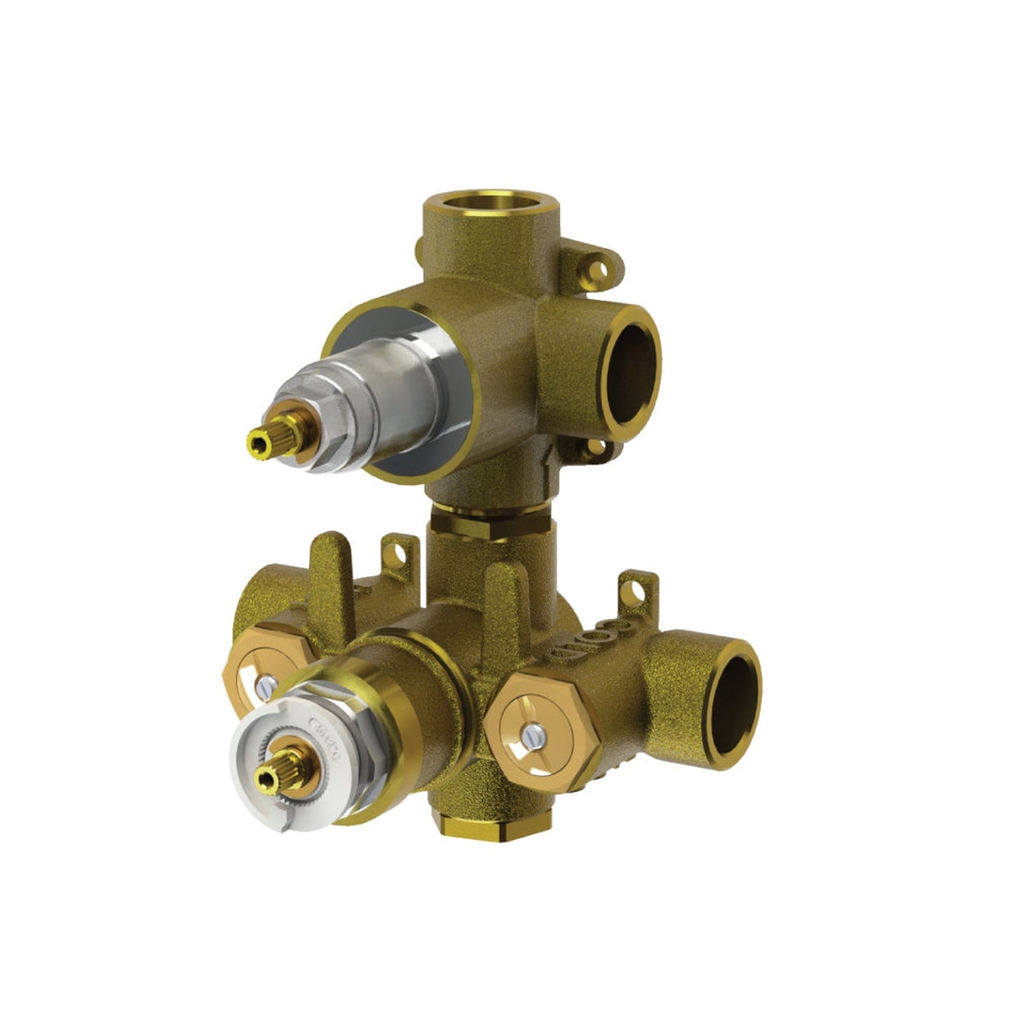 Flusso Faucets Universal Fixtures 0.75" Rough Brass 2-Output Wall-Mounted Thermostatic Shower Valve With 2-Way Non-Shared Diverter Cartridge And Integrated Volume Control
