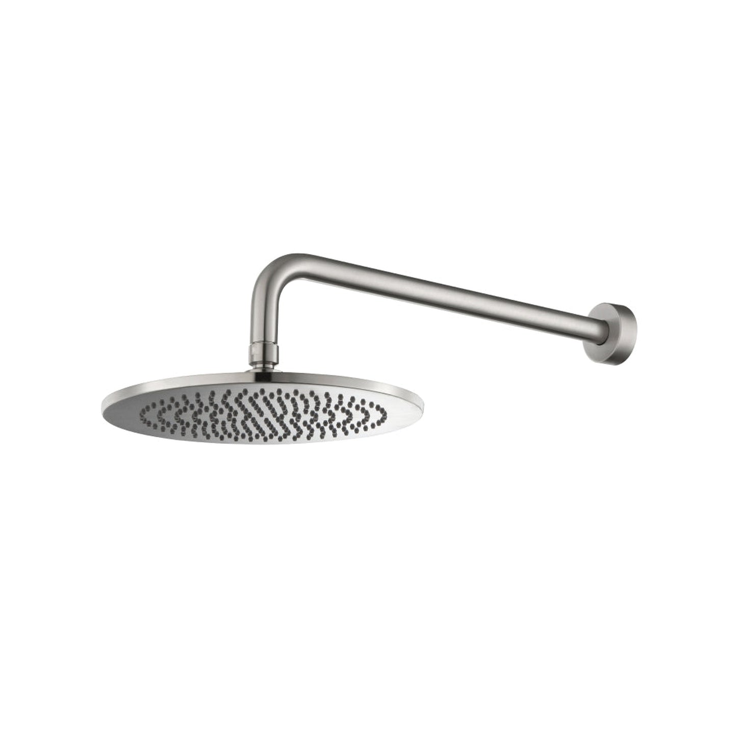 Flusso Faucets Universal Fixtures 10" Single Function Round Brushed Nickel PVD Solid Brass Rain Shower Head With 15" Wall Mounted Shower Arm