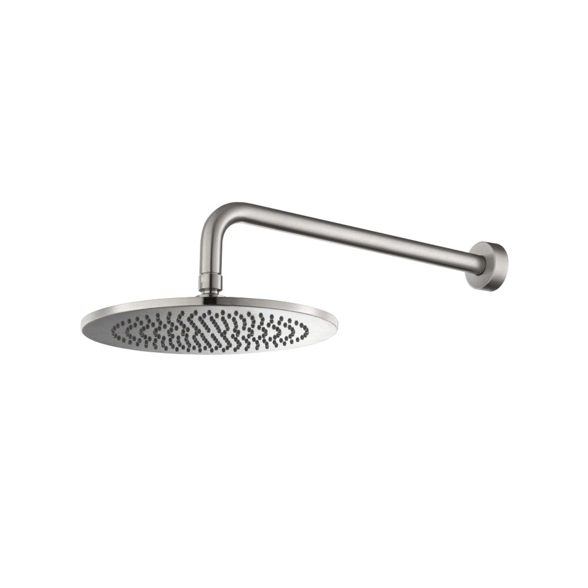 Flusso Faucets Universal Fixtures 10" Single Function Round Brushed Nickel PVD Solid Brass Rain Shower Head With 15" Wall Mounted Shower Arm