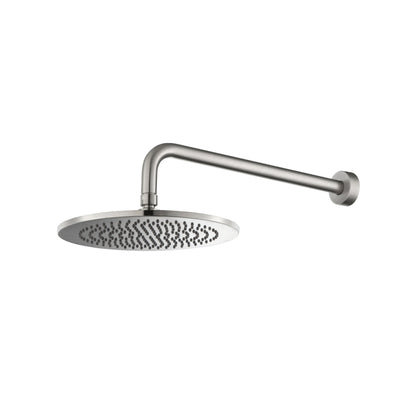 Flusso Faucets Universal Fixtures 10" Single Function Round Brushed Nickel PVD Solid Brass Rain Shower Head With 15" Wall Mounted Shower Arm