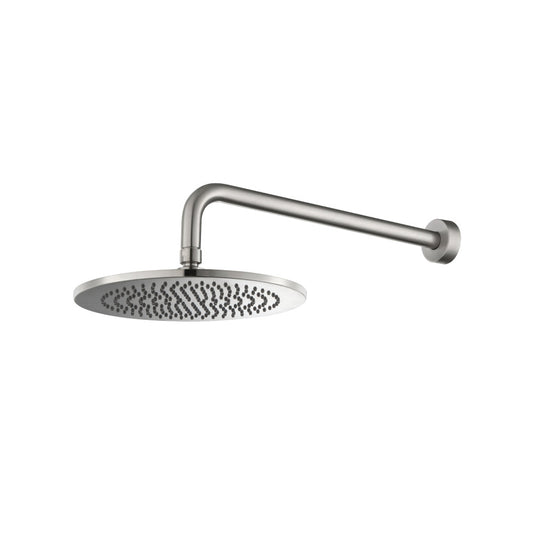 Flusso Faucets Universal Fixtures 10" Single Function Round Brushed Nickel PVD Solid Brass Rain Shower Head With 15" Wall Mounted Shower Arm
