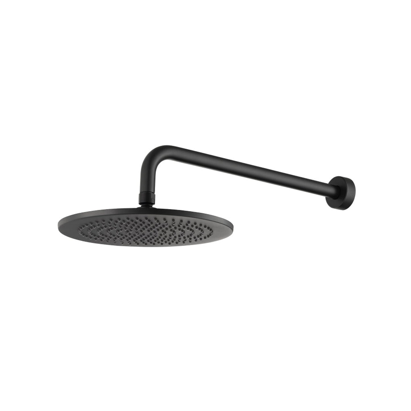 Flusso Faucets Universal Fixtures 10" Single Function Round Matte Black Solid Brass Rain Shower Head With 15" Wall Mounted Shower Arm