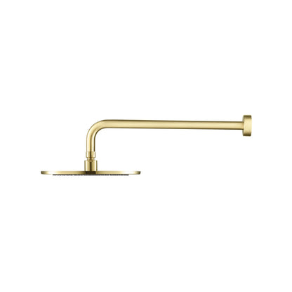 Flusso Faucets Universal Fixtures 10" Single Function Round Satin Brass PVD Solid Brass Rain Shower Head With 15" Wall Mounted Shower Arm
