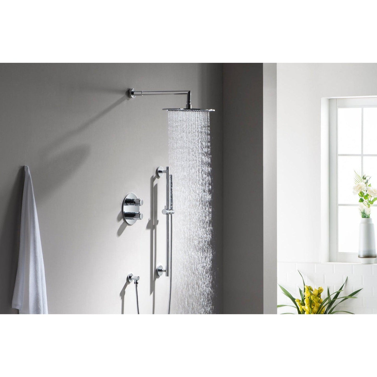 Flusso Faucets Universal Fixtures 10" Single Function Round Satin Brass PVD Solid Brass Rain Shower Head With 15" Wall Mounted Shower Arm