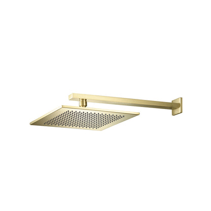 Flusso Faucets Universal Fixtures 10" Single Function Square Satin Brass PVD Solid Brass Rain Shower Head With 15" Wall Mounted Shower Arm