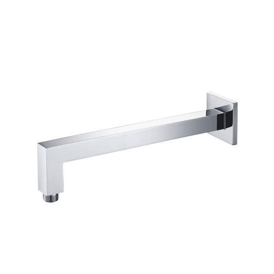 Flusso Faucets Universal Fixtures 12" Chrome Solid Brass Wall-Mounted Shower Arm With Angled Extension and Square Sliding Flange