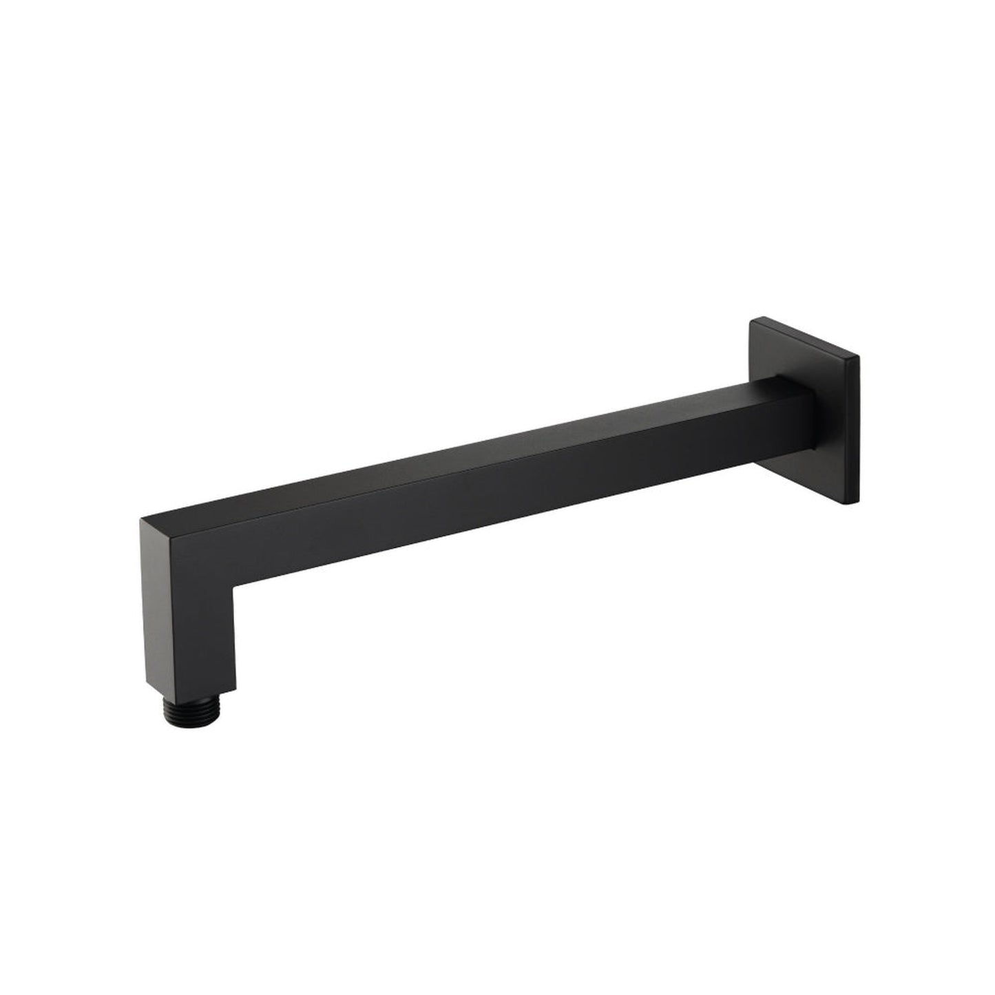 Flusso Faucets Universal Fixtures 12" Matte Black Solid Brass Wall-Mounted Shower Arm With Angled Extension and Square Sliding Flange