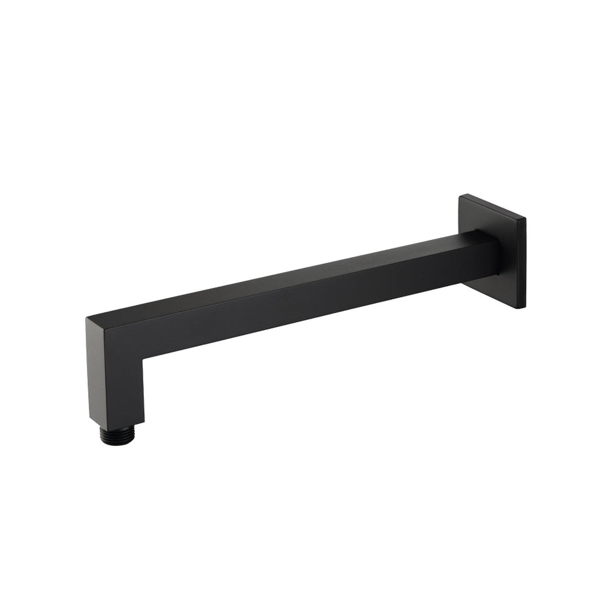 Flusso Faucets Universal Fixtures 12" Matte Black Solid Brass Wall-Mounted Shower Arm With Angled Extension and Square Sliding Flange