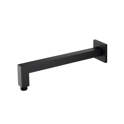 Flusso Faucets Universal Fixtures 12" Matte Black Solid Brass Wall-Mounted Shower Arm With Angled Extension and Square Sliding Flange