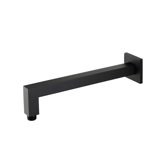 Flusso Faucets Universal Fixtures 12" Matte Black Solid Brass Wall-Mounted Shower Arm With Angled Extension and Square Sliding Flange