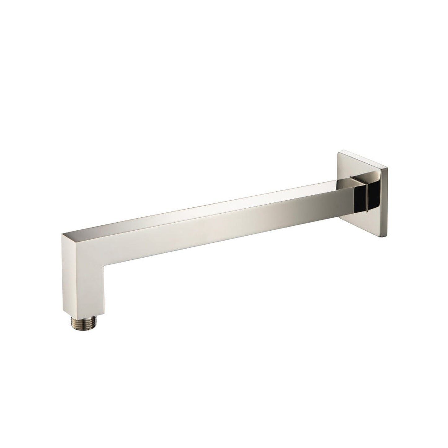 Flusso Faucets Universal Fixtures 12" Polished Nickel PVD Solid Brass Wall-Mounted Shower Arm With Angled Extension and Square Sliding Flange