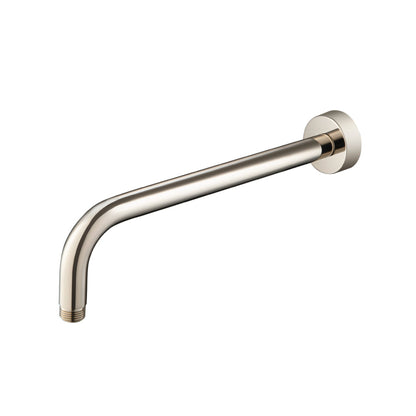 Flusso Faucets Universal Fixtures 12" Polished Nickel PVD Solid Brass Wall-Mounted Shower Arm With J-Shape Extension and Round Sliding Flange