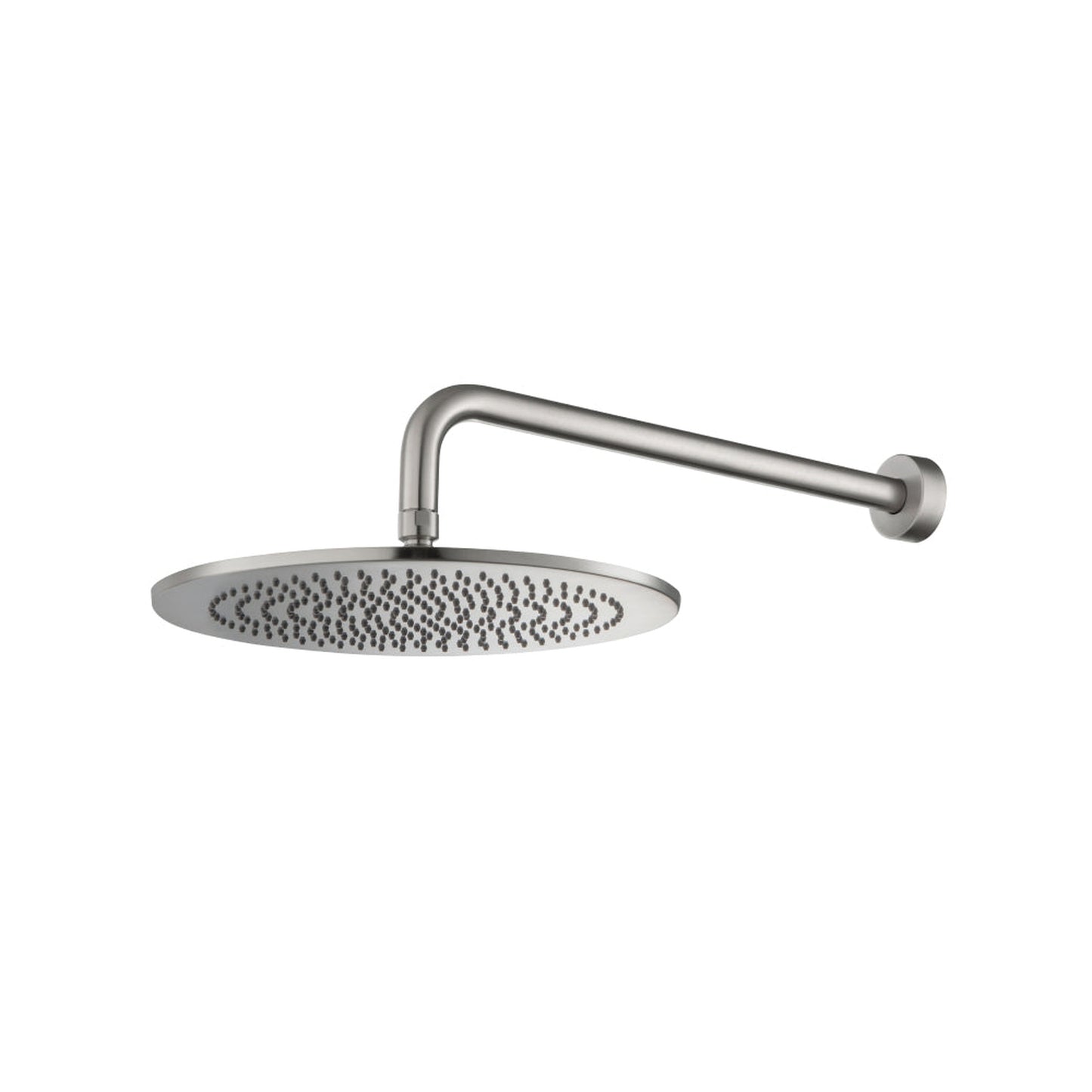 Flusso Faucets Universal Fixtures 12" Single Function Round Brushed Nickel PVD Solid Brass Rain Shower Head With 15" Wall Mounted Shower Arm
