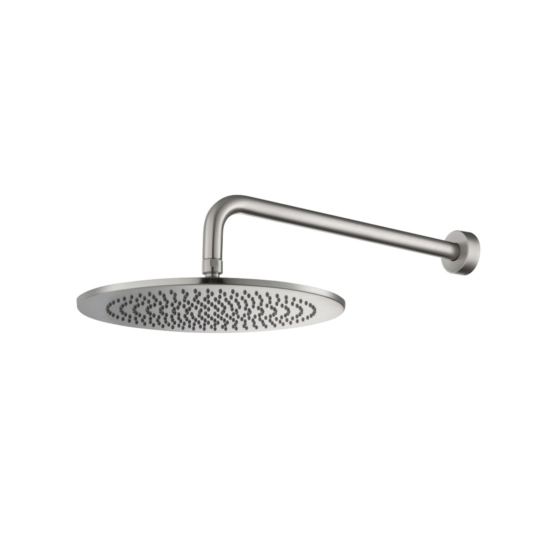 Flusso Faucets Universal Fixtures 12" Single Function Round Brushed Nickel PVD Solid Brass Rain Shower Head With 15" Wall Mounted Shower Arm