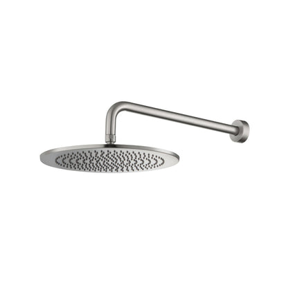 Flusso Faucets Universal Fixtures 12" Single Function Round Brushed Nickel PVD Solid Brass Rain Shower Head With 15" Wall Mounted Shower Arm