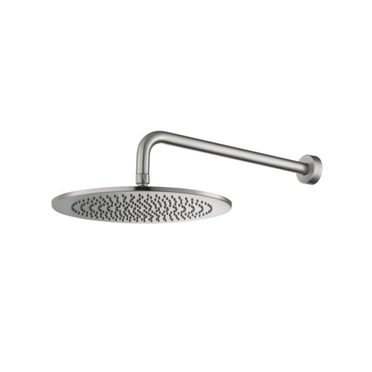 Flusso Faucets Universal Fixtures 12" Single Function Round Brushed Nickel PVD Solid Brass Rain Shower Head With 15" Wall Mounted Shower Arm
