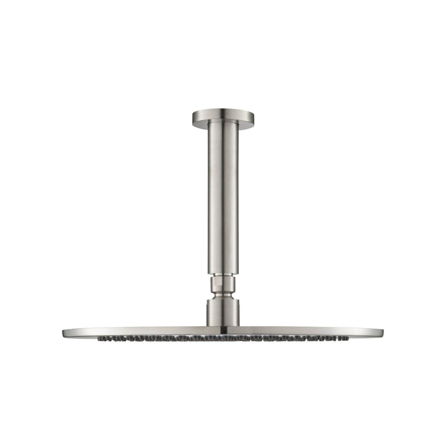 Flusso Faucets Universal Fixtures 12" Single Function Round Brushed Nickel PVD Solid Brass Rain Shower Head With 6" Ceiling Mounted Shower Arm