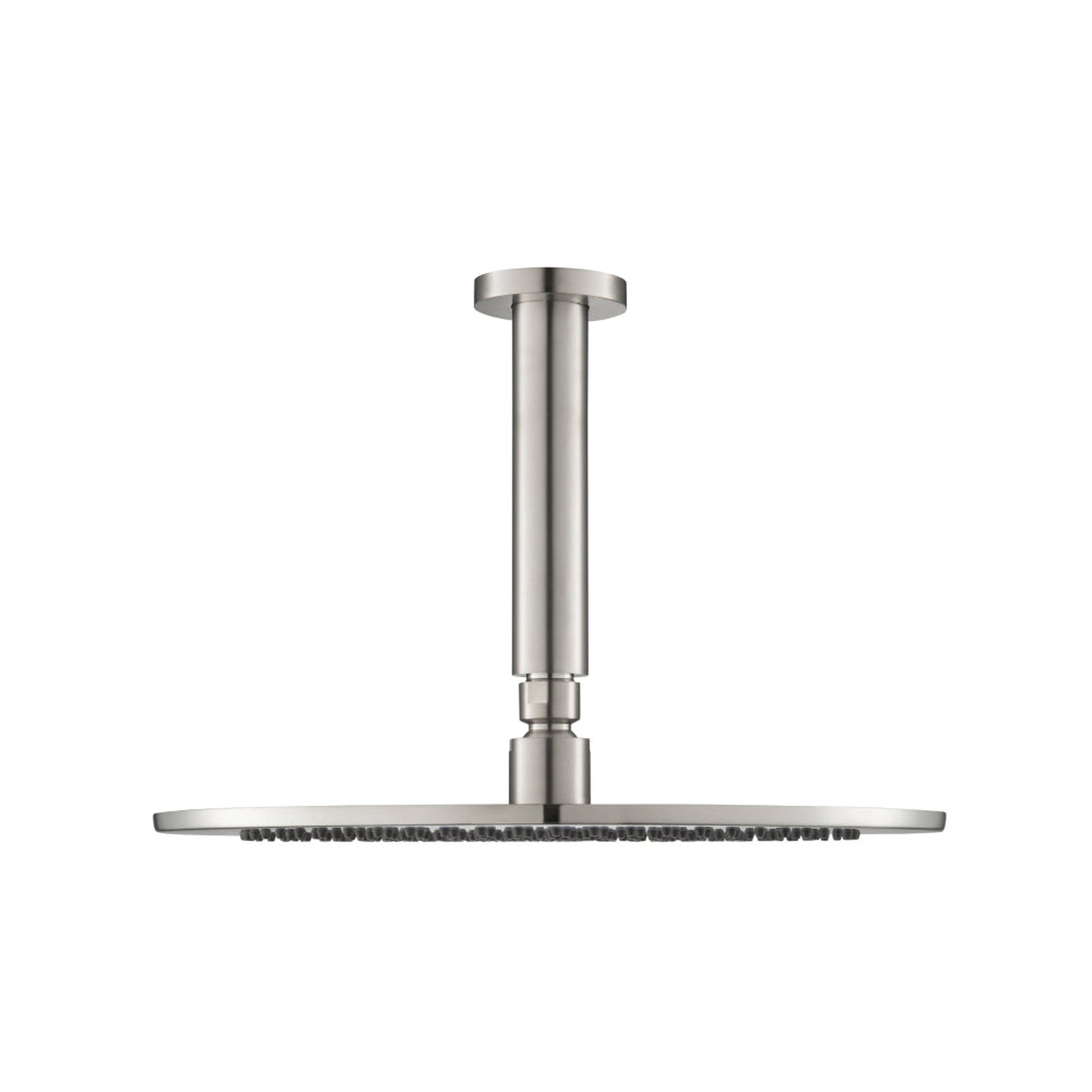 Flusso Faucets Universal Fixtures 12" Single Function Round Brushed Nickel PVD Solid Brass Rain Shower Head With 6" Ceiling Mounted Shower Arm