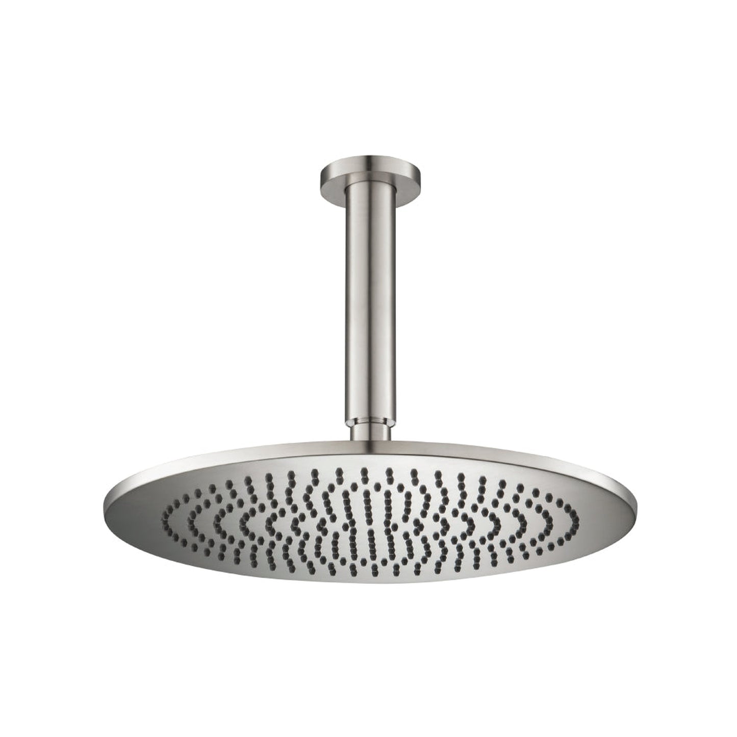 Flusso Faucets Universal Fixtures 12" Single Function Round Brushed Nickel PVD Solid Brass Rain Shower Head With 6" Ceiling Mounted Shower Arm