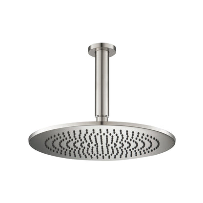 Flusso Faucets Universal Fixtures 12" Single Function Round Brushed Nickel PVD Solid Brass Rain Shower Head With 6" Ceiling Mounted Shower Arm