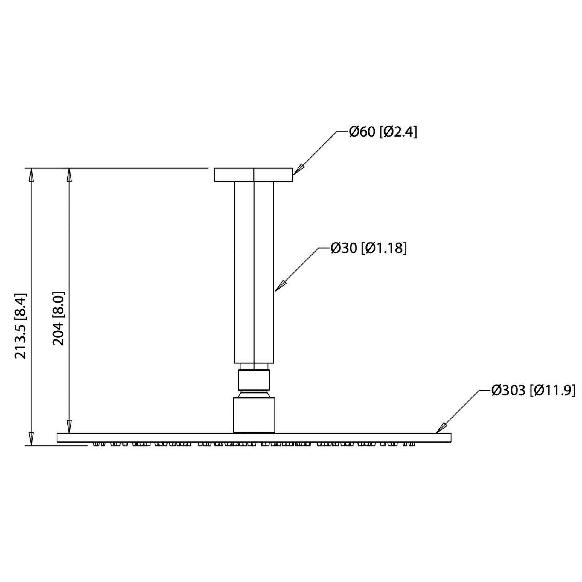 Flusso Faucets Universal Fixtures 12" Single Function Round Chrome Solid Brass Rain Shower Head With 6" Ceiling Mounted Shower Arm