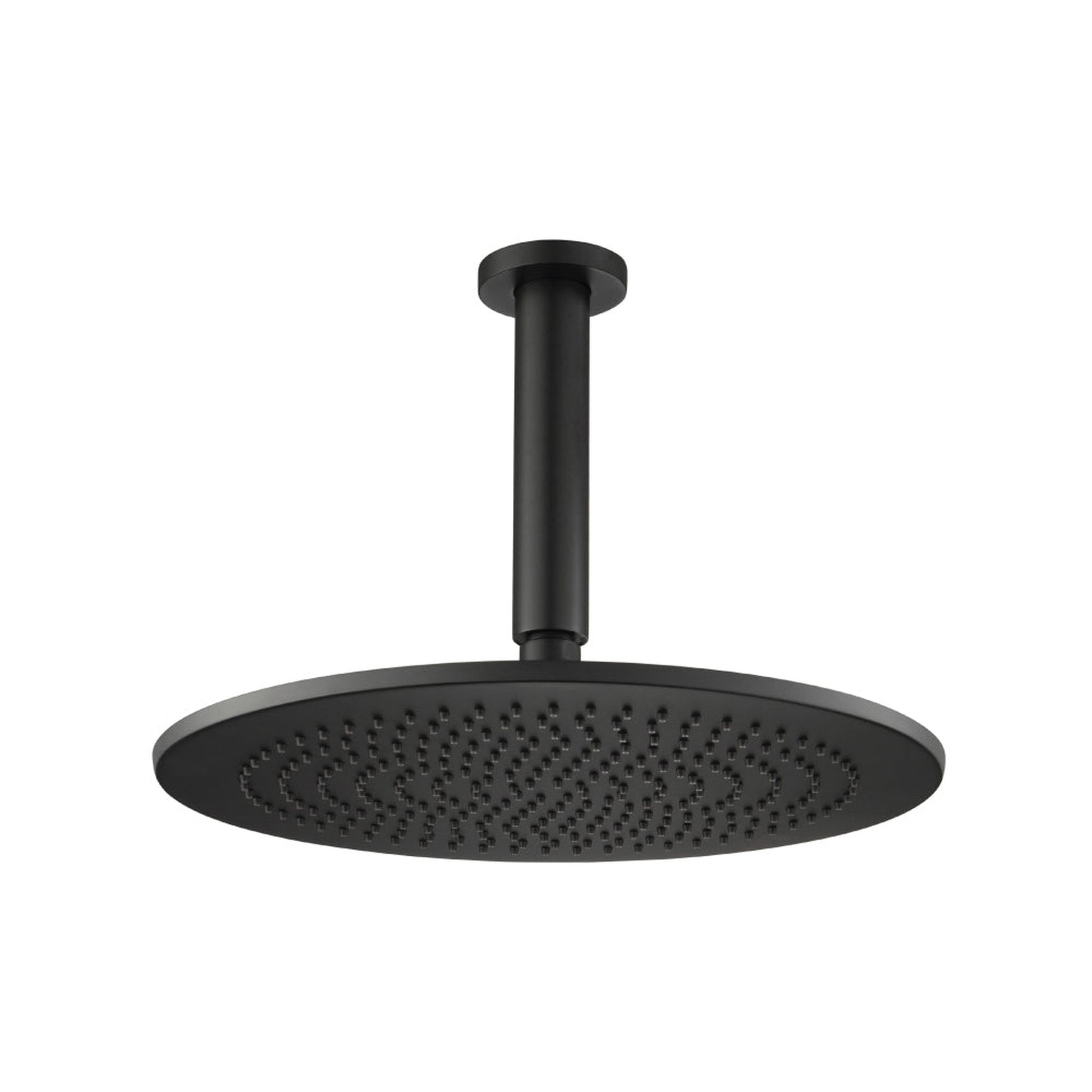 Flusso Faucets Universal Fixtures 12" Single Function Round Matte Black Solid Brass Rain Shower Head With 6" Ceiling Mounted Shower Arm