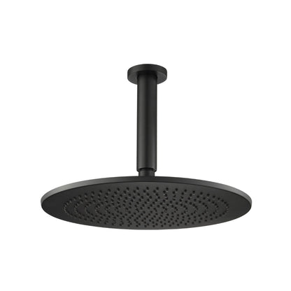 Flusso Faucets Universal Fixtures 12" Single Function Round Matte Black Solid Brass Rain Shower Head With 6" Ceiling Mounted Shower Arm