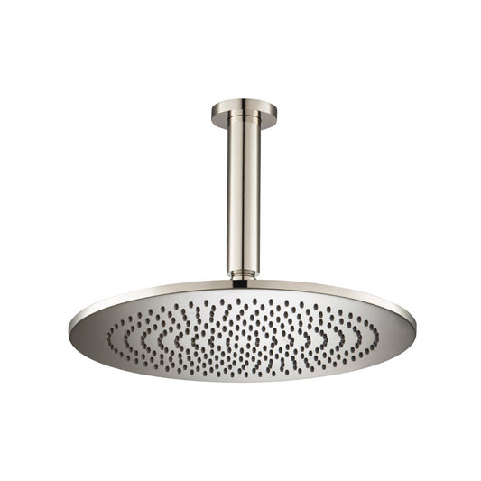 Flusso Faucets Universal Fixtures 12" Single Function Round Polished Nickel PVD Solid Brass Rain Shower Head With 6" Ceiling Mounted Shower Arm