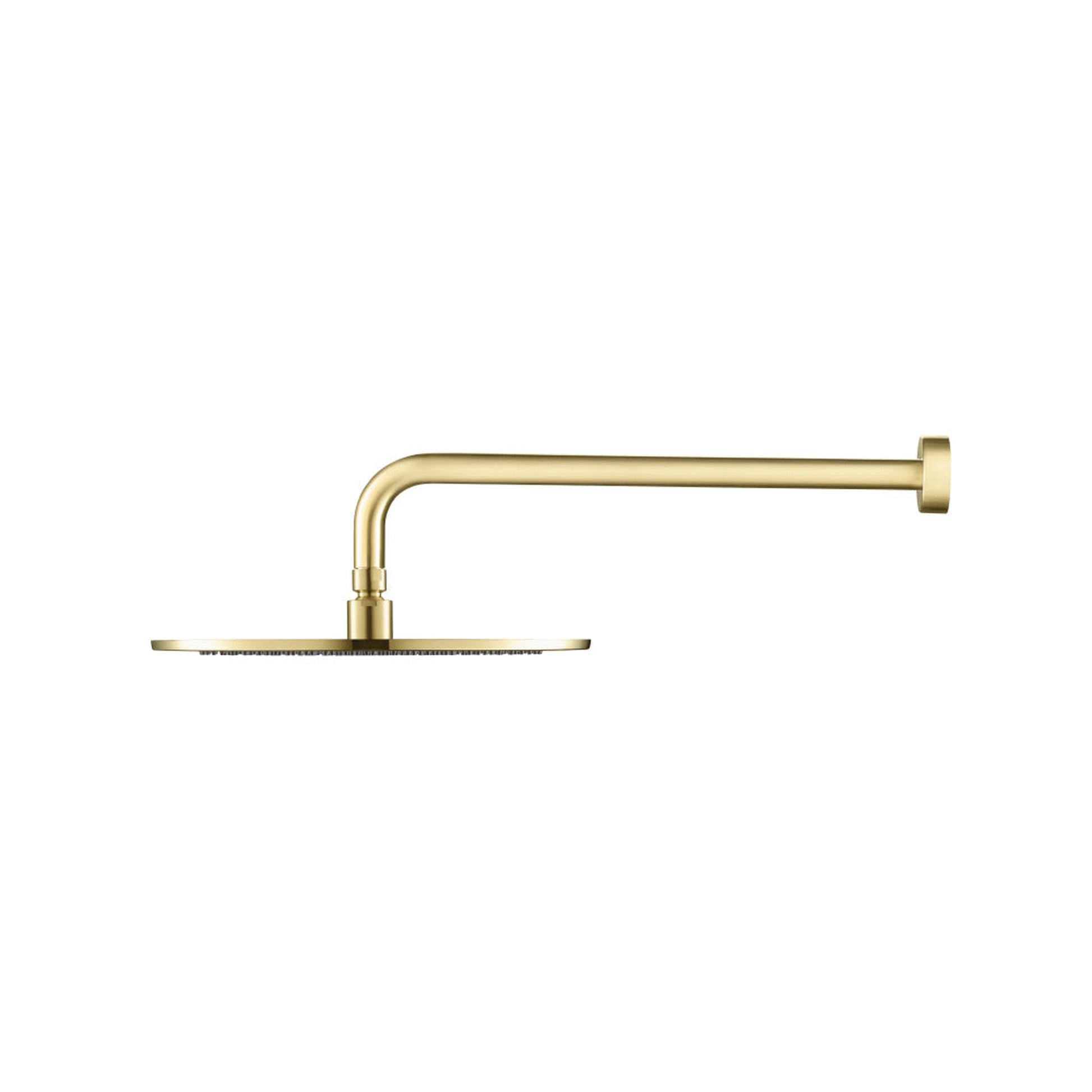 Flusso Faucets Universal Fixtures 12" Single Function Round Satin Brass PVD Solid Brass Rain Shower Head With 15" Wall Mounted Shower Arm