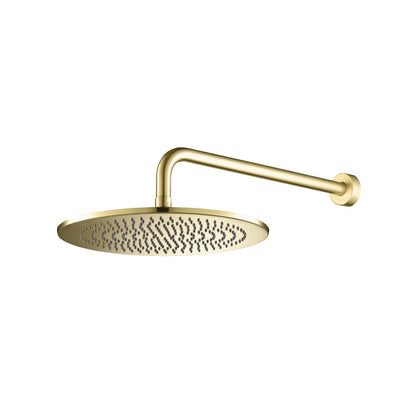 Flusso Faucets Universal Fixtures 12" Single Function Round Satin Brass PVD Solid Brass Rain Shower Head With 15" Wall Mounted Shower Arm