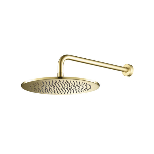 Flusso Faucets Universal Fixtures 12" Single Function Round Satin Brass PVD Solid Brass Rain Shower Head With 15" Wall Mounted Shower Arm