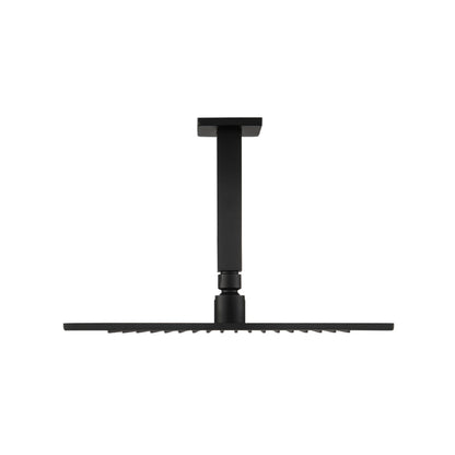 Flusso Faucets Universal Fixtures 12" Single Function Square Matte Black Solid Brass Rain Shower Head With 6" Ceiling Mounted Shower Arm